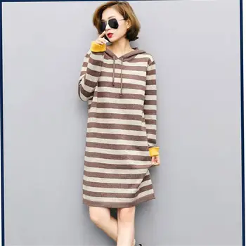 

2019 New Autumn Winter Women Sweater Knitted Dress Female Office Striped Hooded Long Sleeve Casual Pullover Dresses Vestidos X67