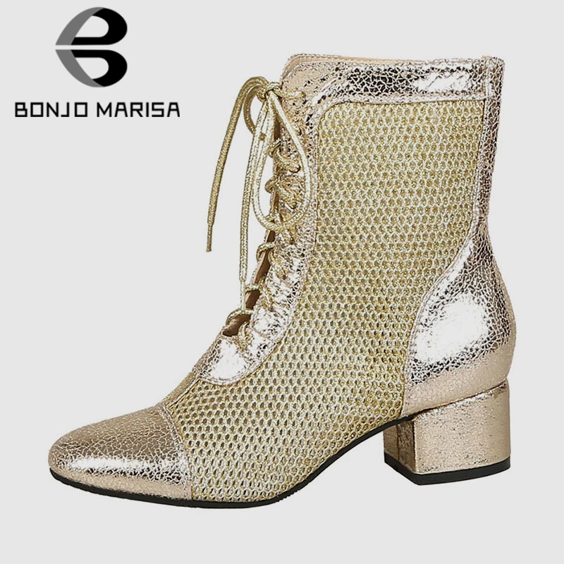 

BONJOMARISA Brand New Plus Size 34-47 Ladies High Heels Lace Up Hollow Shoes Woman Casual Party Spring Summer Ankle Boots