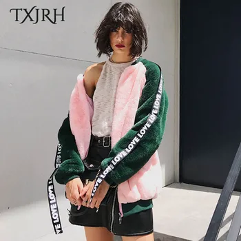 

TXJRH Stylish Hairy Shaggy Faux Fur Baseball Bomber Jacket Warm Woman Contrast Color Long Sleeve Letter Streamer Outerwear Tops