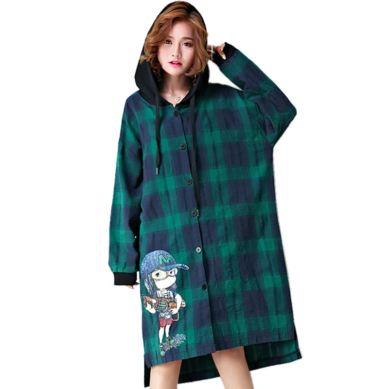 

Plus Size Women Clothing 2016 Spring Autumn New Stand Collar Ruffle Top Cute Bay-doll Long Sleeve Blouse Long Plaid Shirt Women