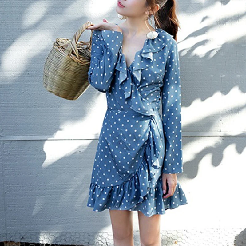 

2019 women summer and spring sweet ruffles floral pleated dress cross V neck Wave Print Dress ladies casual mini dresses