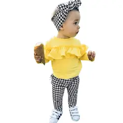 Однотонные топы с длинными рукавами и оборками для малышей + клетчатые штаны + повязка на голову, одежда детская одежда vetement enfant fille roupa infantil