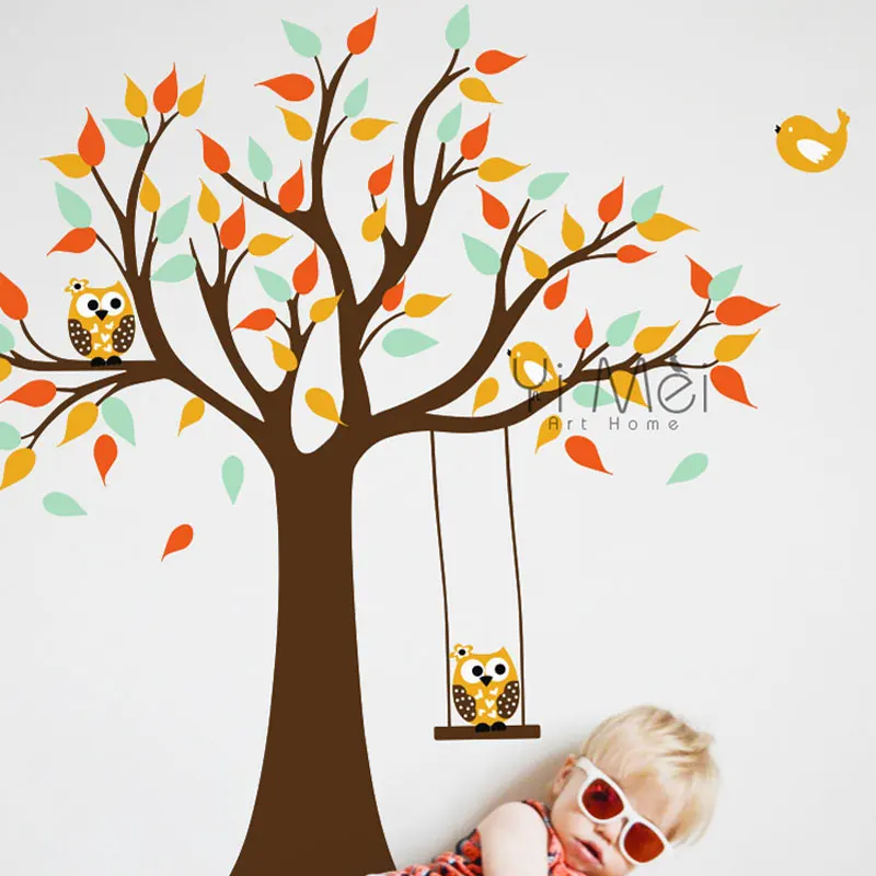 

Cute Wise Owls Swing Birds Animal Tree Adhensive Wall Decals Stickers Children Kids Room Cartoon Decoration Nursery 160*170CM
