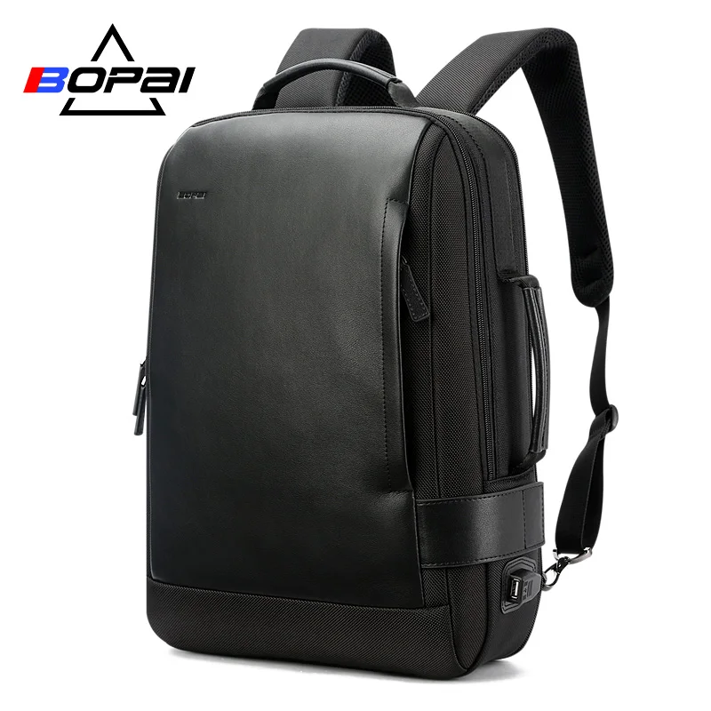 15.6 Inch Notebook Backpack Black Contractive Leather Backpack for Men USB Charging Male Travel ...