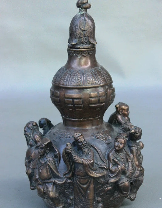 

8" Chinese FengShui Bronze 8 Immortals God Gourd Statue Bottle Flagon Wine Pot