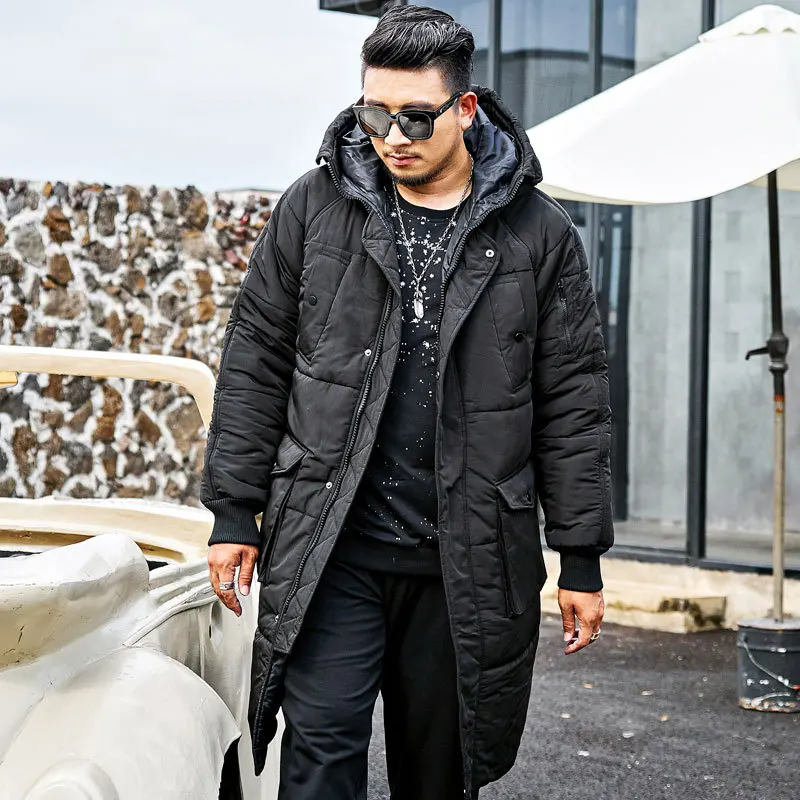 

2018 Men's Loose Large Size Hooded Park Jacket Winter Long Cotton Coat Black Warm Jacket More Size XL-6XL for 140kg Men's Wear