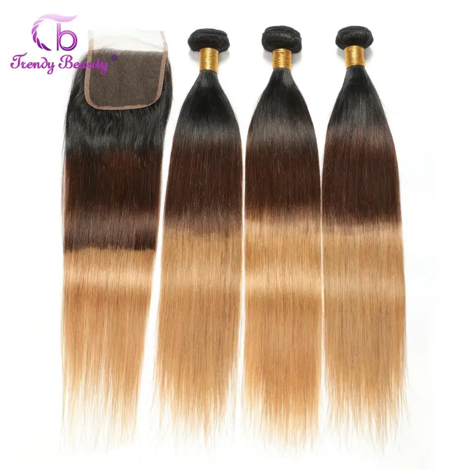 

Ombre Peruvian Straight Human Hair 3 Bundles With 4x4 Inches Free/Middle/Three Part Closure Weave Remy Hair 1b/4/27