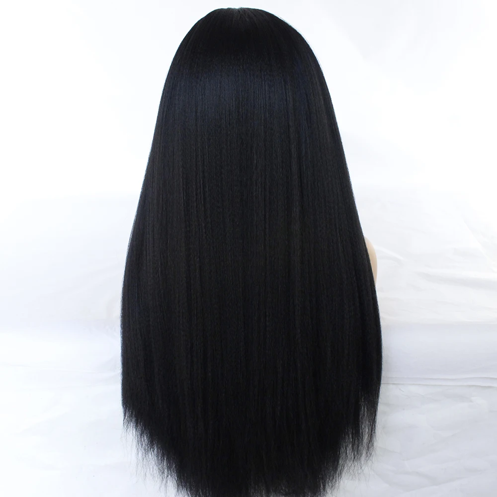 Synthetic Kinky Straight Lace Front Wig for Women, Natural Hairline, Black, Heat Resistant, Middle Part image 5