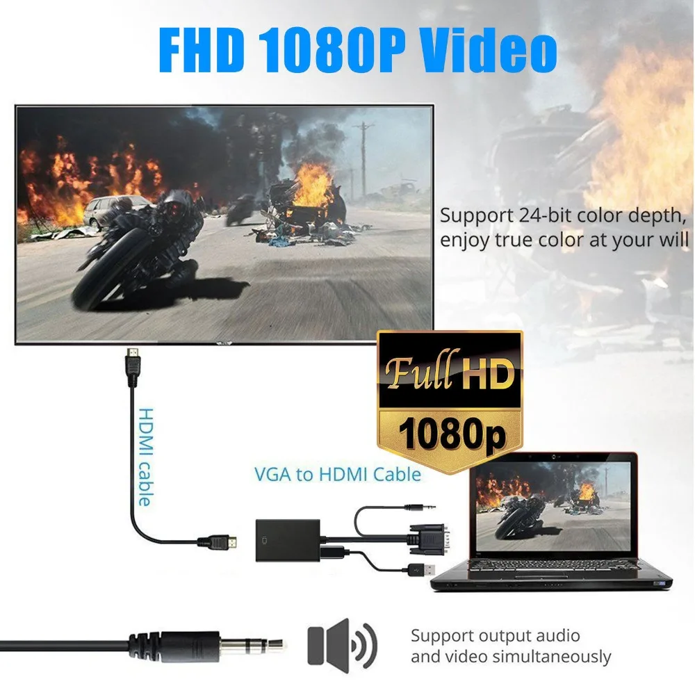 Высокое качество аудио ТВ AV HDTV ПК видео кабель 1080P VGA к HDMI выход HD VGA2HDMI конвертер