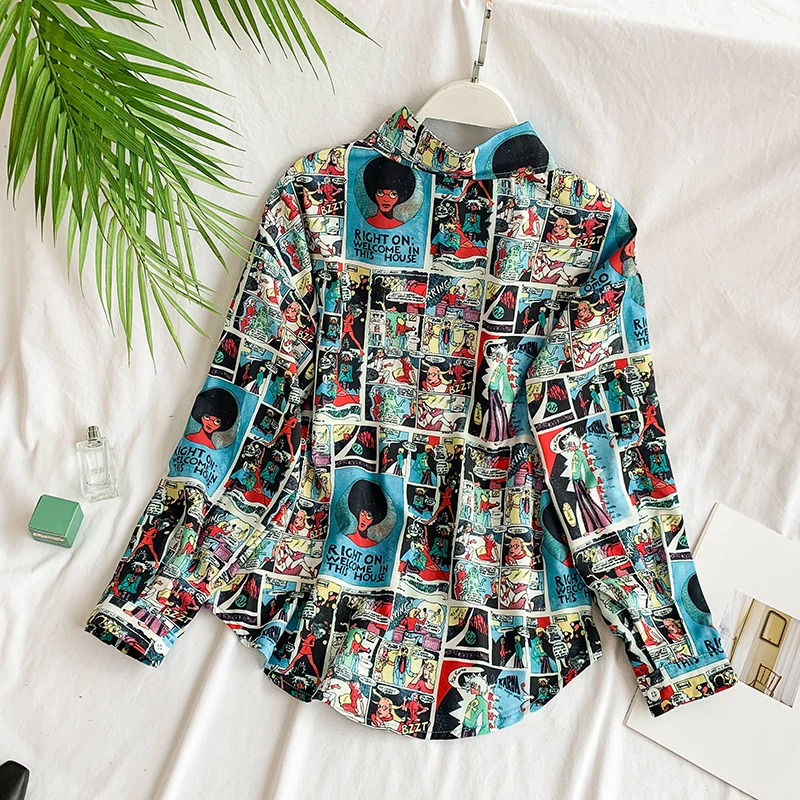 

Europe retro fashion shirt character cartoon print loose thin large size lazy wind shirt female printed blouses