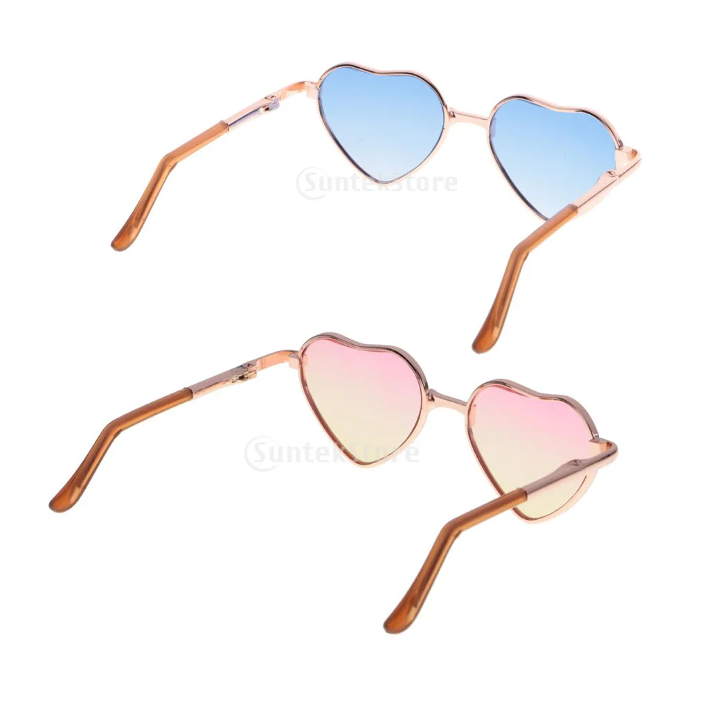2 Pair Cute Gradient Colored 1/6 Heart Shaped Doll Glasses For 12 inch Blythe Doll Gold Frame, Pink+Blue