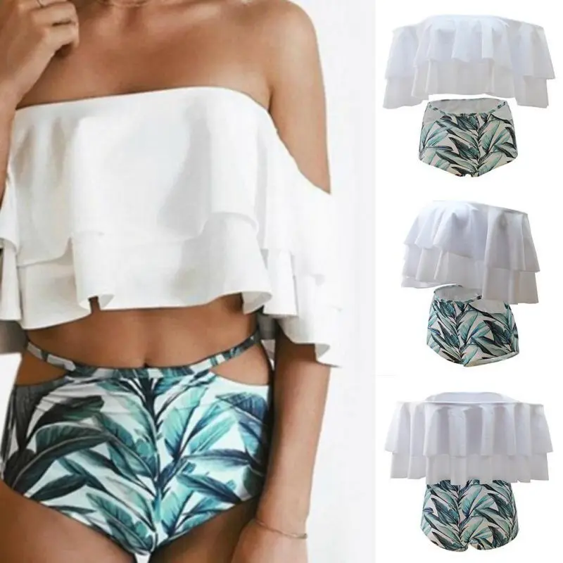 

Two Piece Women Push Up Slash Wave Neck Swim Top Off Shoulder Sexy High Waist Bathing Suits