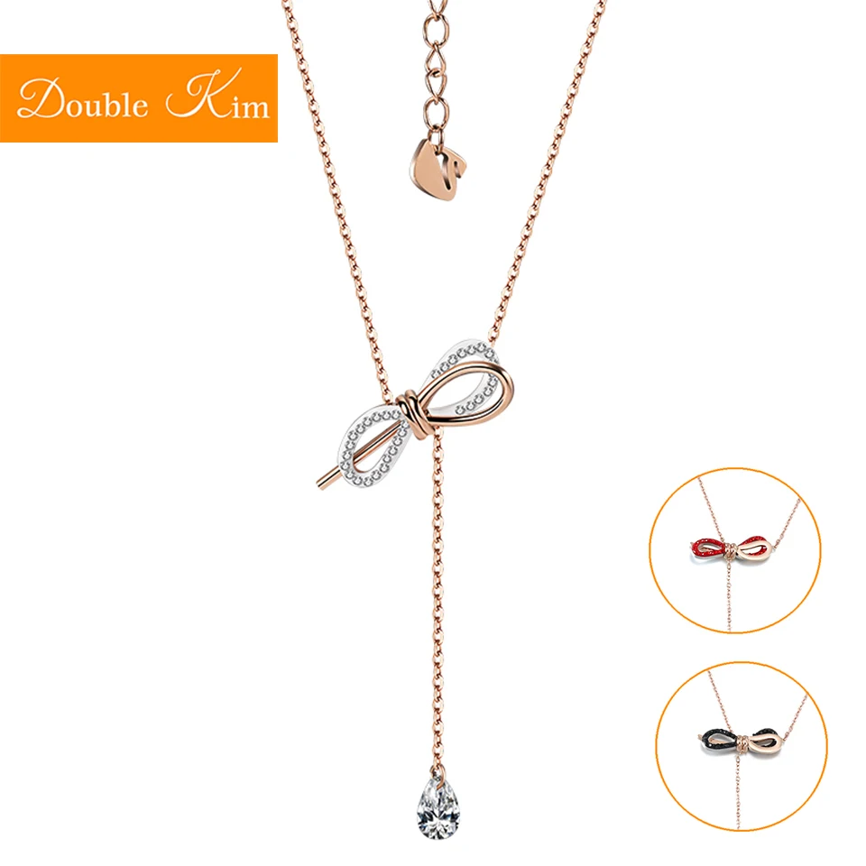

Bowknot Pendant Necklace Ladies Rose Gold Crystal Necklaces Titanium Steel Chain Necklace Fashion Jewelry Valentine's day Gift