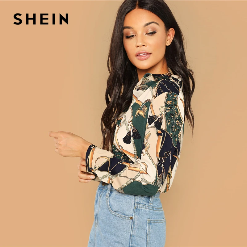 SHEIN Контрастная Блузка С Модным Платочным Принтом, Блузка С Длинным Рукавом И Глубоким Вырезом