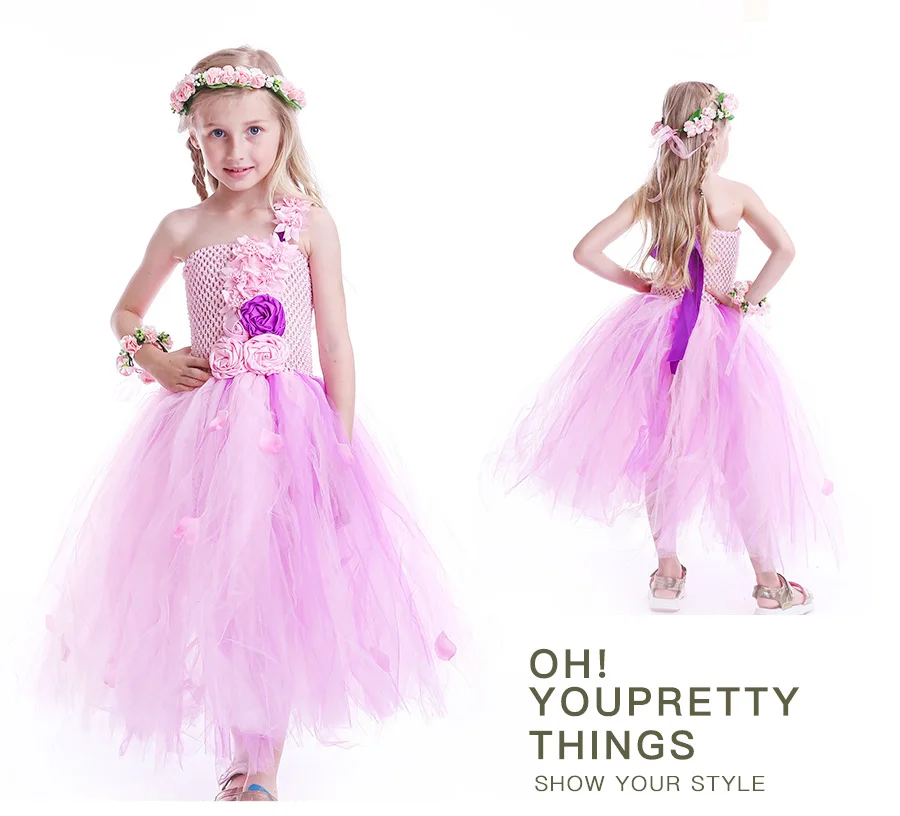 Pink and Purple Flower Girl Tutu Dress Kids Pink Petals Birthday Wedding Party Dress Boutique Handwork Girls Ball Gowns (7)