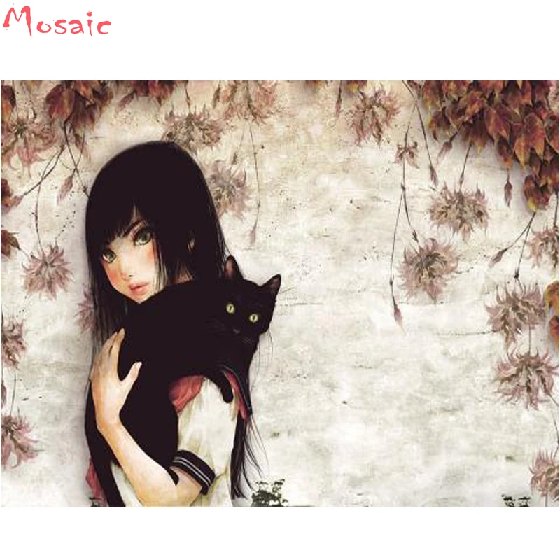 

ANIMALS BLACK HAIR CATS,GREEN EYES,LONG HAIR GIRL,DIY Diamond Painting Cross Stitch crafts,Diamond Embroidery,5d iamond mosaic