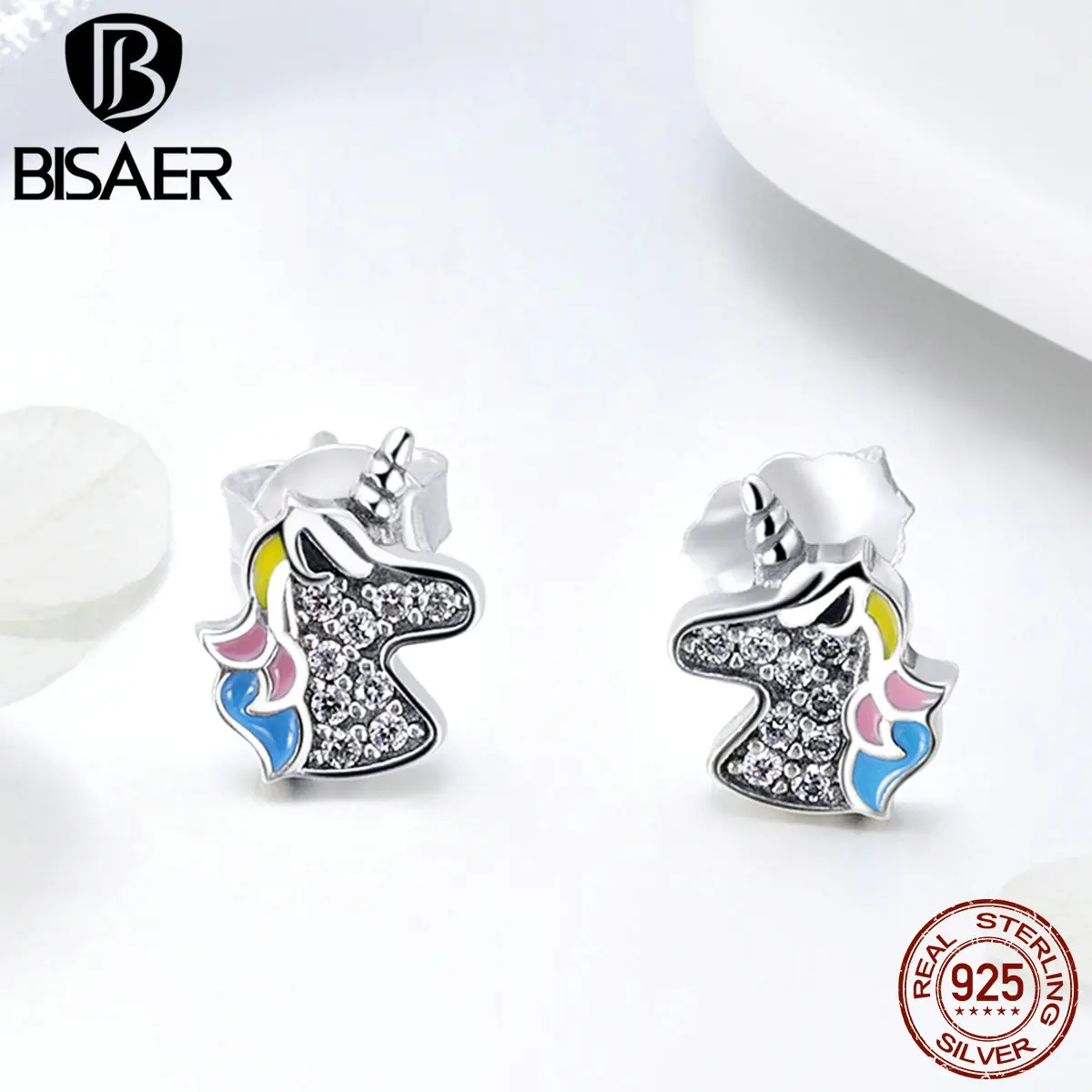 

BISAER 925 Sterling Silver Licorne Color Enamel Crystal Stud Earrings for Women Animal Fashion Earrings Jewelry Brincos ECE426