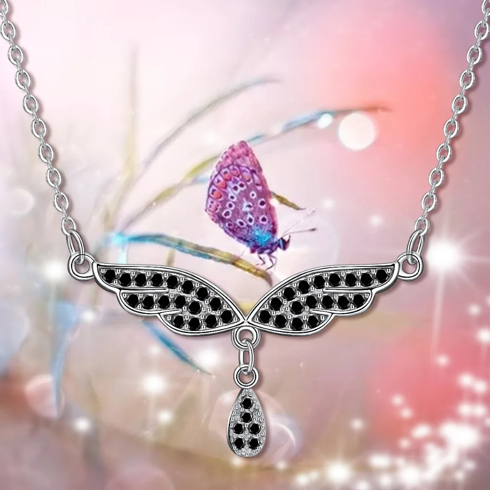 Angel Caller 925 Sterling silver Black Wing Pendant Necklace with CZ &amp 18 inch Chain Fashion Jewelry for Women D015 | Украшения и