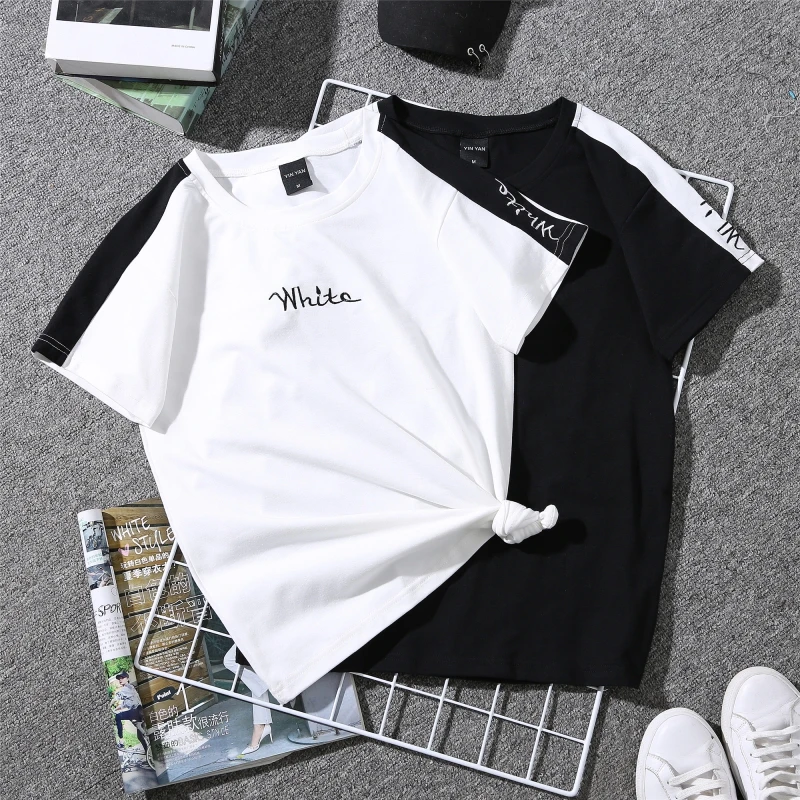 Summer New Women's T-shirt White Embroidered Monophonic Female T Shirt Striped Harajuku Couple Clothes Black Tops 90s Tees