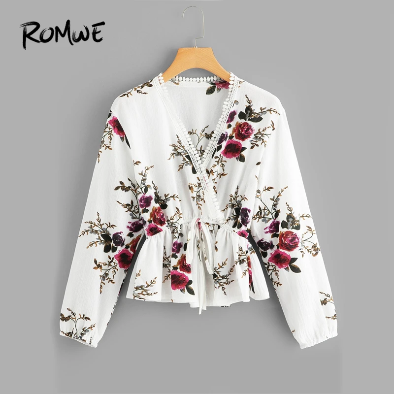 

ROMWE Floral Print Drawstring Pom Pom Detail Womens Tops And Blouses Autumn Casual Deep V Neck Long Sleeve Female Clothing Shirt