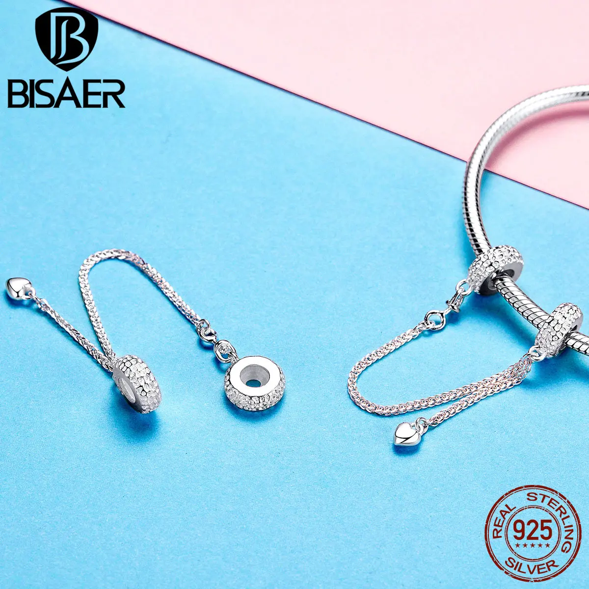 

BISAER Authentic 925 Sterling Silver Clear CZ Heart Safety Chain with Silicone Stopper Fit Original Women Charm Bracelet GXC1112