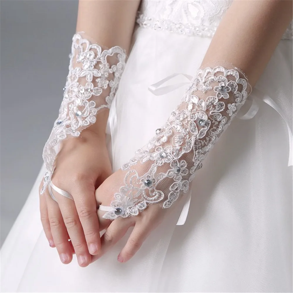 Lace-studded children's wedding flower girl dress gloves fingerless girls show dance gloves decoration