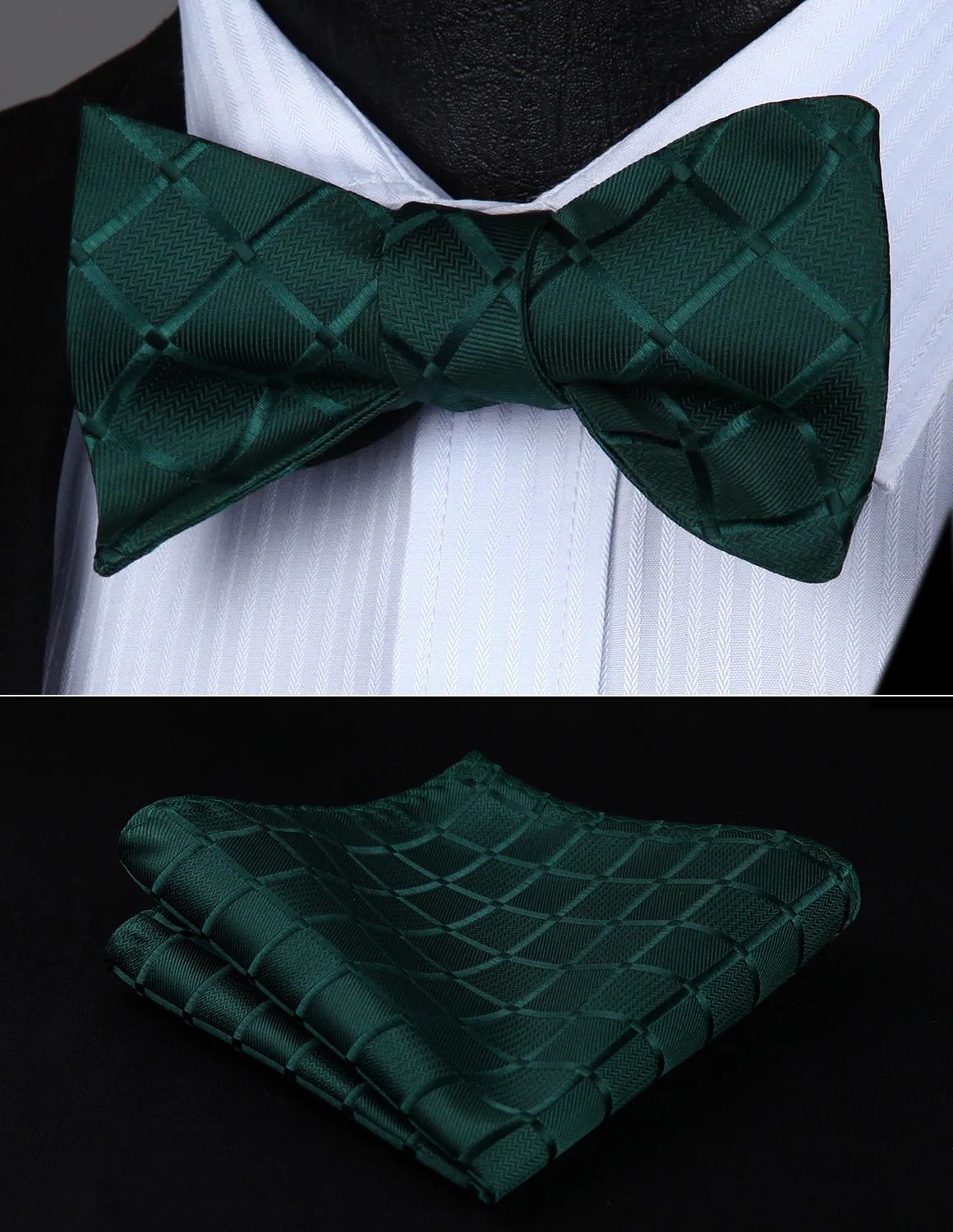 

BC423GS Green Check Bowtie Men Silk Wedding Self Bow Tie handkerchief set