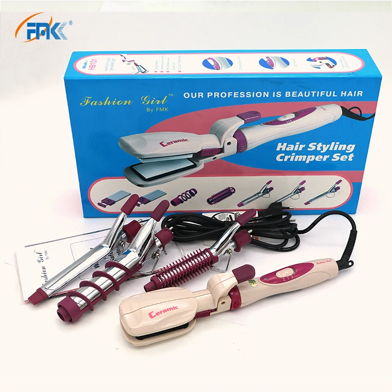 Дешево FMK 4 в 1 Flat Iron профессиональные щипцы для завивки 3 палочки для волос набор для обжима + Выпрямление Утюги Волосы Инструменты для укладки HB101