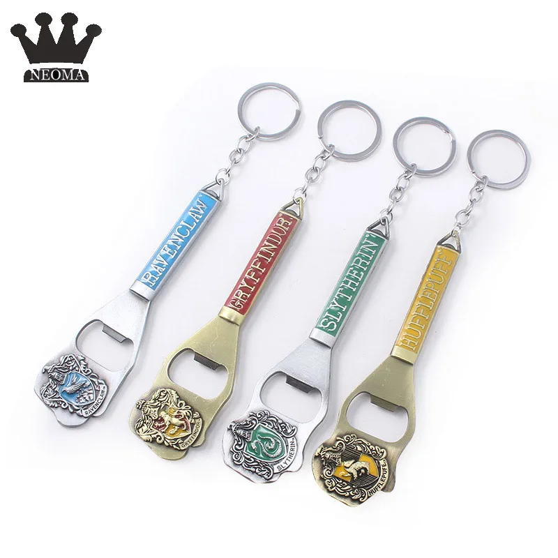 

20Pcs/lot Wholesale HP Potter Hogwarts Four Colleges Badge Keychain Bottle Opener Key Chain Open Beer Tools For Men Jewelry Gift