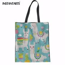 INSTANTARTS Повседневная Льняная сумка, сумки с милым мультяшным принтом альпака, парусиновая сумка для покупок для девочек, модные большие дорожные пляжные сумки