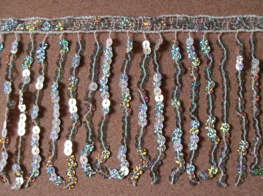 

Clearance! washable 15cm wide sequins fringe, hologram Silver