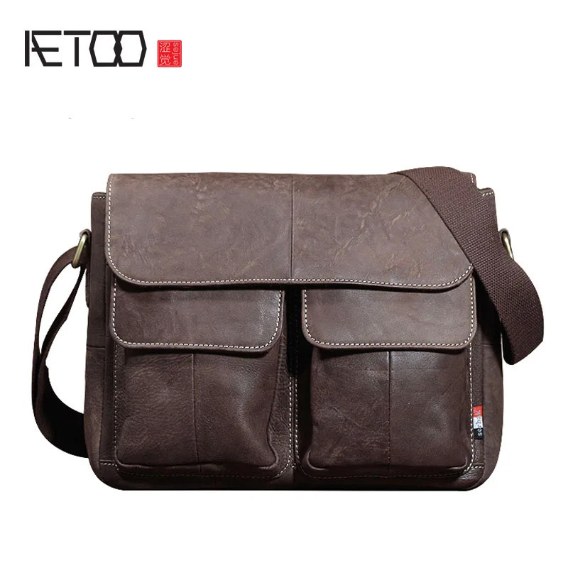 AETOO Vintage rough scrub old leather shoulder bag features casual literary handmade men's bag
