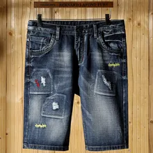 Мужские рваные короткие мужские повседневные Шорты Джинсы Бермуды летние до колен однотонные синие джинсовые шорты мужские короткие Брюки Homme Masculino