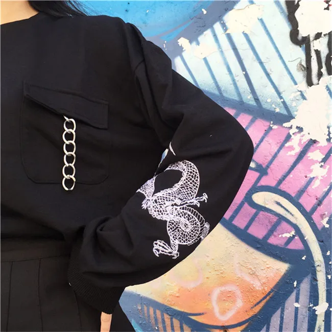  Kawaii Cool 2018 New Moletom Korean Style Harajuku Sweatshirts Dragon Embroidery Long Sleeve Sweats