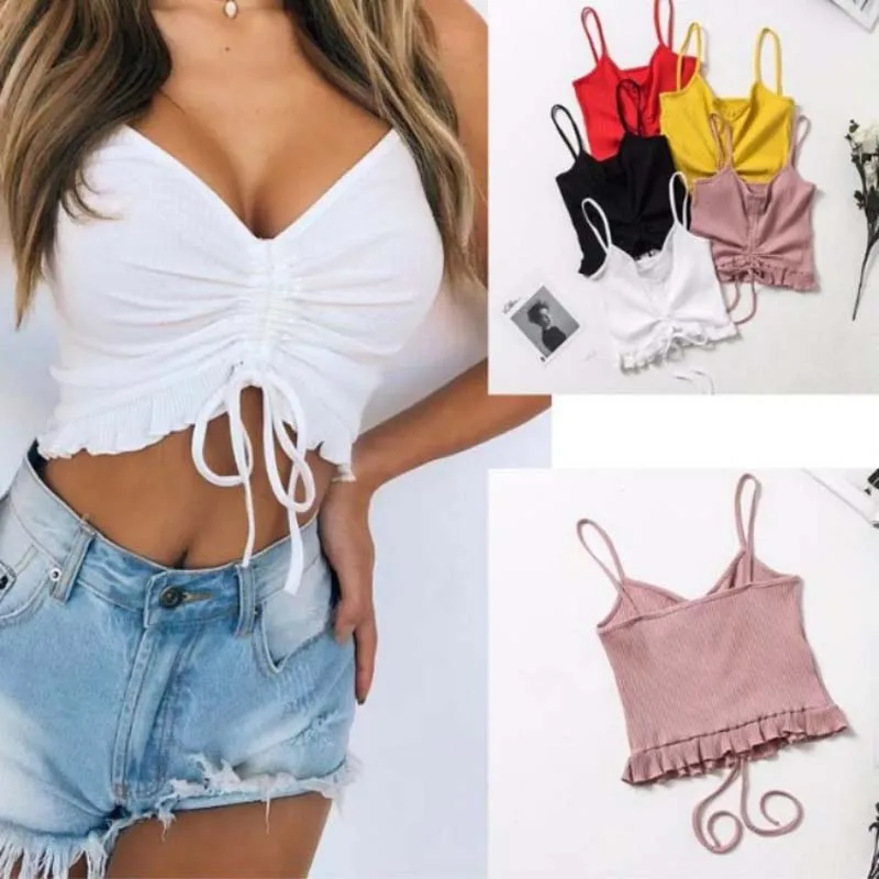 

Women's tank top Crop Tops Sleeveless Sexy lace Navel Wrap Chest Coat Short Tee Shirt V-Neck Female Soild Bow Short Tees lacing