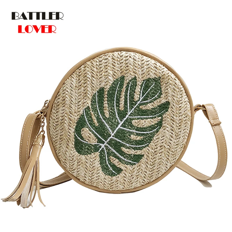 Vintage Handmade Rattan Woven Shoulder Bags Womens PU Leather Straps Zipper Holiday Beach Crossbody Bag Messengers Women Handbag