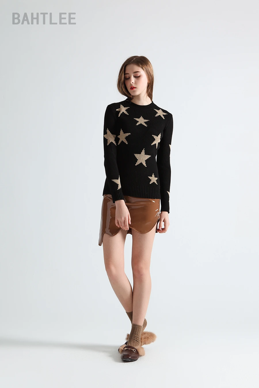 BAHTLEE женский свитер из мериносовой шерсти, не скатывается, полый пуловер/западный стиль/модный бренд/оборки/звезды/золотой