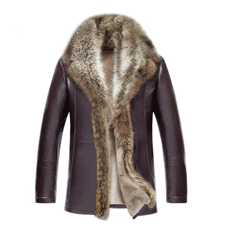 Мужские пальто из овчины, зимние кожаные куртки с воротником из натурального меха енота, зимнее пальто, теплая толстая верхняя одежда высокого качества, большой размер 4XL