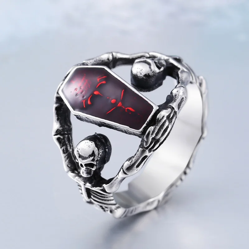 Mcllroy Fashion Ring Red gem Stainless steel 316L Personality Vintage style Skull rings Men's wedding jewelry Anel masculino