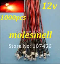 Бесплатная доставка 1000 шт. Flat Top Красный лампа Светодиодная Набор Предварительно Проводная 5 мм 12 В DC Проводной 5 мм Большой/широкоугольный