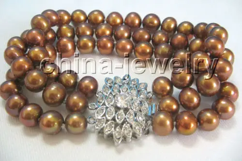 

8" 3row 9mm natural coffee round freshwater pearl bracelet-white zircon clasp @^Noble style Natural Fine jewe SHIPPING 5.25
