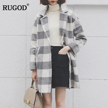 

RUGOD 2019 New Plaid Female Trench Coat Long Style Turn-down Collar Single Breasted Office Lady Wool Outerwear Casaco Feminino