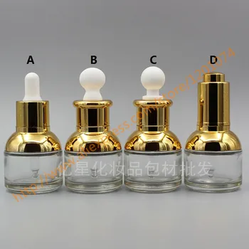 

30ml clear Glass Essential Oil Bottle With shiny gold dropper lid/press cover.Oil vial.cosmetic container,round shoulder