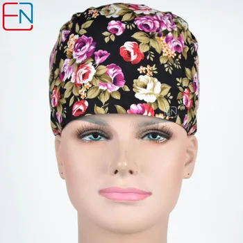 

women surgical caps in black with pretty rose flower 100% cotton medical caps