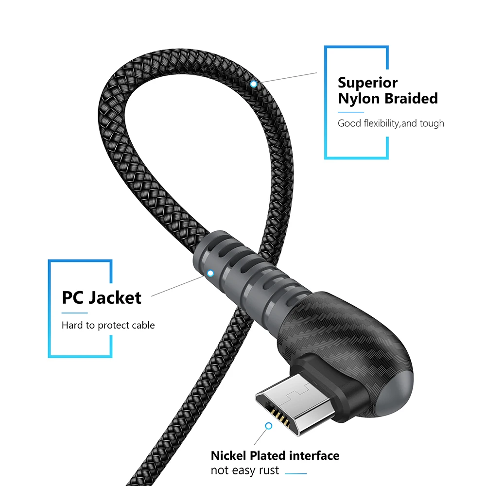 TIEGEM Cable Micro USB 2A de Cable de carga rápida de 90 grados de teléfono móvil USB Cable cargador para Samsung Xiaomi Huawei Android dispositivo