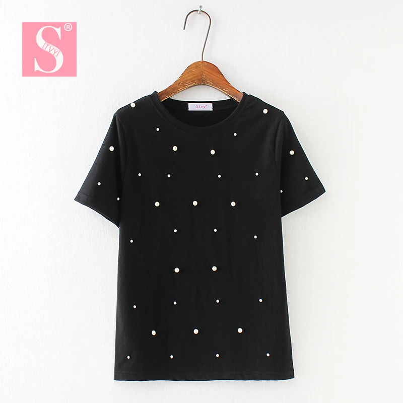 

STVY 2018 Summer Pearls Beaded T-Shirt Women Cotton Loose Casual Black Tops Women Short Sleeve O-Neck Tee Shirt High Quality