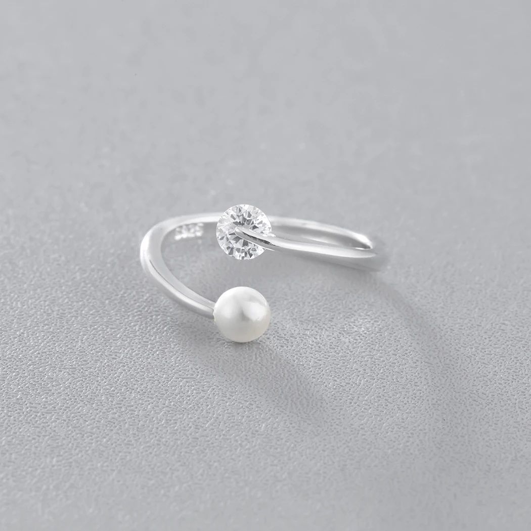 Todorova White Round Simulated Pearl Bead Tiny Rhinestones Crystal Rings for Women Adjustable Wedding Ring Silver Jewelry