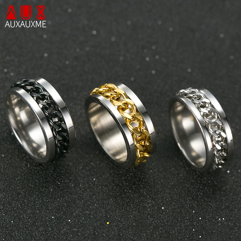 

Auxauxme One Piece Stainless Steel Chain Spinner Ring For Men Blue Rainbow Black Punk Rock Accessories Party Gift US Size 6-12