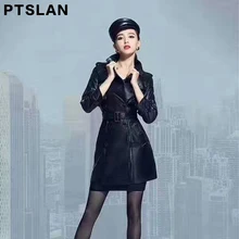 Ptslan Spring/autumn Black Real Leather Trench Coat Waistband Women Full Sleeve Trench Europe Style Genuine Overcoat