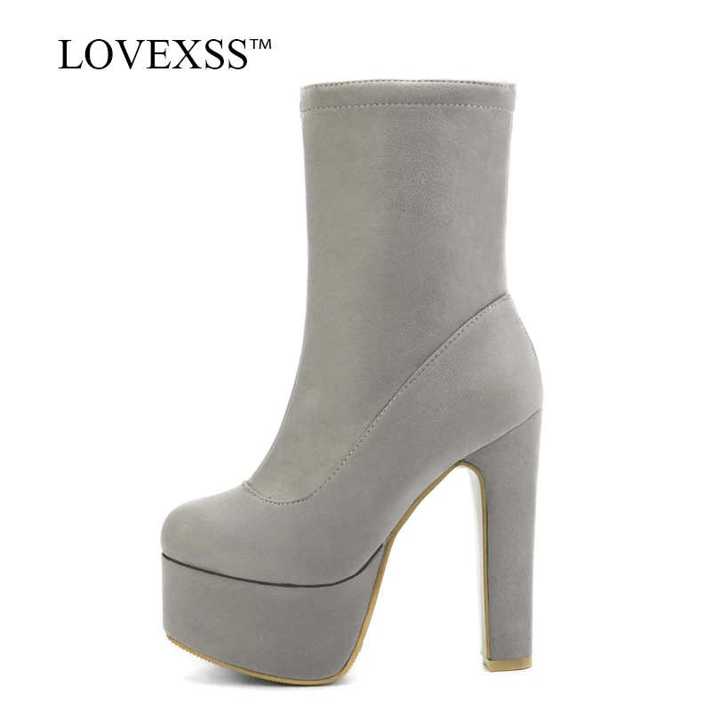 

LOVEXSS Woman 13.5 CM Flock Zipper Ankle Boots Autumn Winter Round Toe Ankle Boots Plus Size 33 43 Black High Heeled Shoes 2018